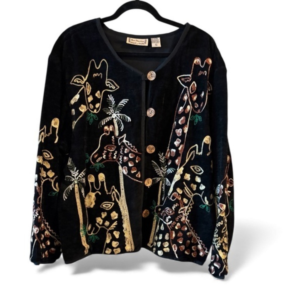 New Directions Black Giraffe Safari Wood Button Down Jacket Size XL